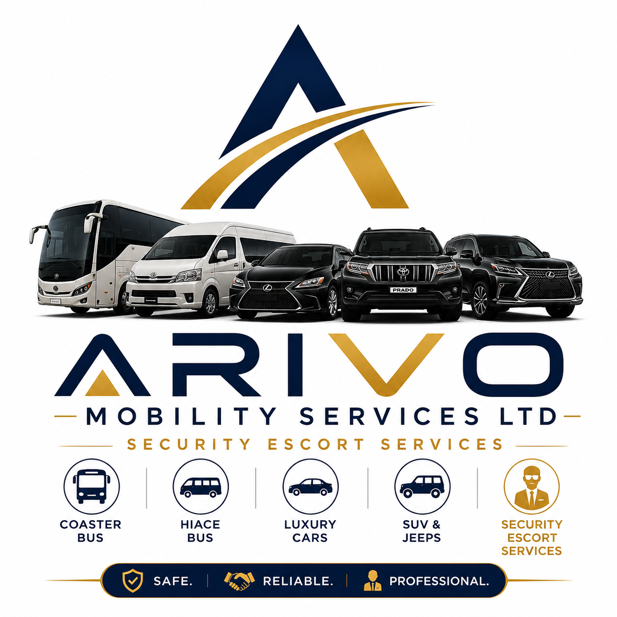 Arivo Mobility Services fleet: coaster bus, Hiace bus, luxury car, SUV, and security escort service